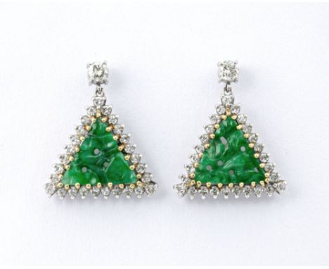 A pair of vintage 18ct yellow gold, platinum, diamond and jade earrings, 1950s-60s, the triangular, foliate carved and pierce