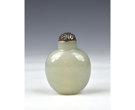 A Chinese carved celadon jade snuff bottle, probably Qing Dynasty, of plain, flattened ovoid form, in pale celadon jade with 