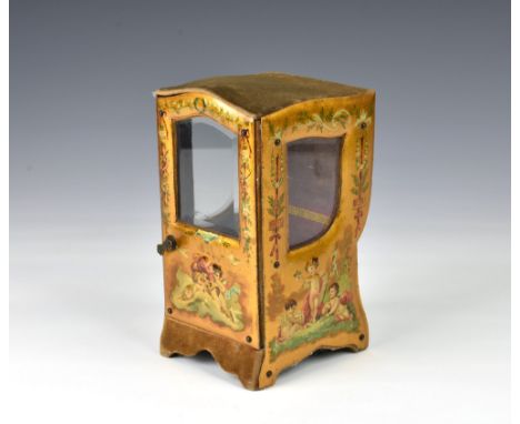 An unusual French novelty miniature Sedan chair pocket watch vitrine, late 19th / early 20th century, of paper mache construc