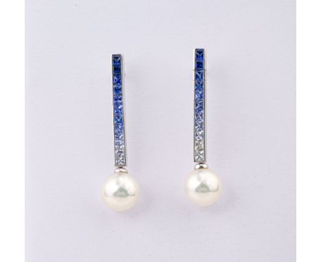 A pair of Mikimoto Elements of Life 18ct white gold, Ocean Pearl and graduated sapphire earrings, the 8mm. Akoya pearls suspe