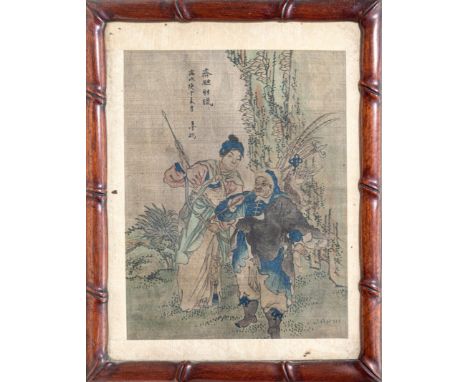 A Chinese watercolour on silk of aristocratic hunters, probably early 20th century, two hunters, one with bow and arrow, the 