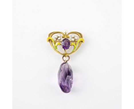 An Art Nouveau 14ct gold, enamel, amethyst and seed pearl drop brooch, the sinuous, foliate enamelled brooch with central ova
