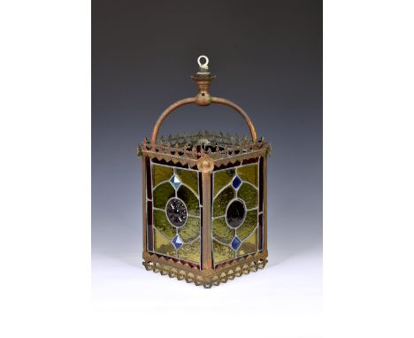 A fine quality 19th century brass and leaded stained glass hall lantern, of rectangular form with pierced Gothic revival styl