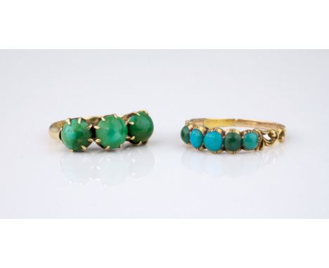 A Victorian 18ct gold and green turquoise ring, with three claw set cabochon turquoise stones, ring size G½; together with a 