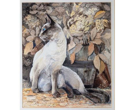 Pam Martins (British, 20th century), 'Siamese - Evening Light' watercolour, signed lower left, inscribed to artist's label ve