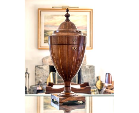 A fine George III inlaid mahogany urn form decanter box, probably converted from a knife box, the urn and stepped, domed hing