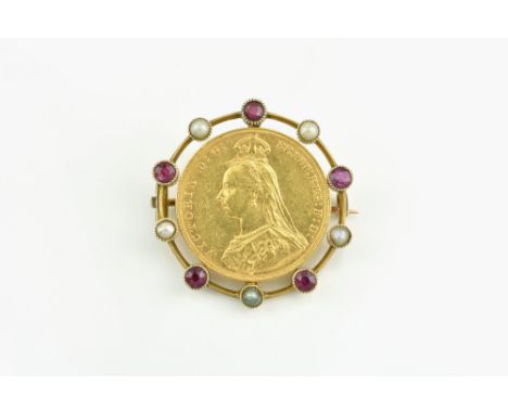 A Victorian gold sovereign, ruby and pearl brooch, the 1887 'old head' sovereign on a swivel mount, allowing either side to b