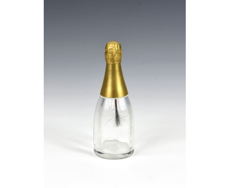 An unusual novelty Victorian glass glue pot, 1870s, fashioned as a champagne bottle, the gilded metal overlay forming the rea