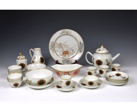 A Chinese porcelain armorial part tea service, 18th century, comprising a globular teapot, a sparrow beak cream jug, a tea ca