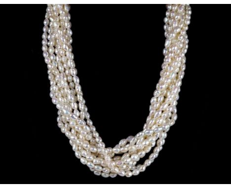 A freshwater pearl choker necklace, with ten strands of pearls and 18ct gold ball clasp, 40cm. long together with a six stran