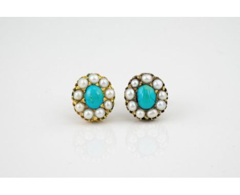A pair of vintage 14ct gold, turquoise and seed pearl cluster earrings, the oval cabochon turquoise stones within borders of 