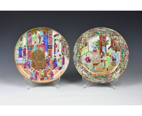 Two Chinese Canton famille rose plates, early 19th century, one enamelled with an unusual scene of an imposing gilt casket an