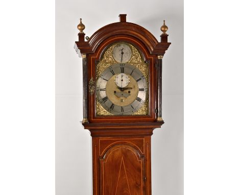 A good early 19th century Channel Islands inlaid mahogany longcase clock, by Michel Quesnel of Jersey, the arched brass dial 