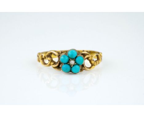 A Victorian 15ct gold, turquoise and seed pearl flower ring, hallmarked Birm. 1869, the turquoise and pearl flower over pierc