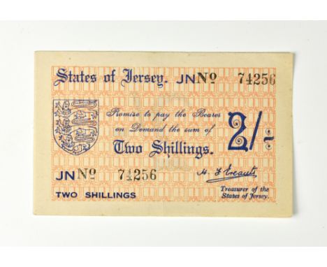 BRITISH BANKNOTE - STATES OF JERSEY - German Occupation, Two Shillings, issued June 1941, serial No. 74256, signed H. F. Erea