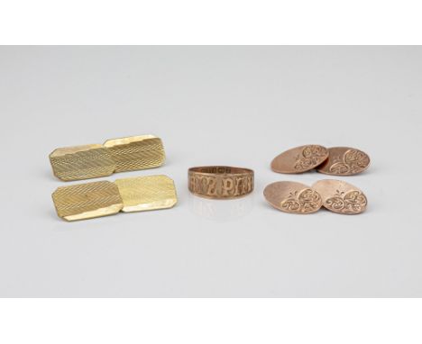 Two pairs of 9ct gold cufflinks, one rectangular with clipped corners and chased decoration, hallmarked Birm. 1947, the other