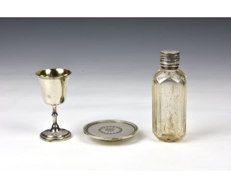 A handsome Victorian silver plated three-piece travelling communion set, consisting of chalice, paten and faceted glass wine 