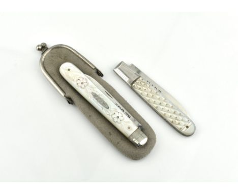 Two 19th century silver and mother-of-pearl folding pocket knives, contained in a suede pouch. (3)