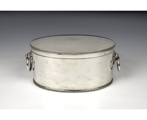 A George V oval silver sugar box or tea caddy, Atkin Brothers, Sheffield 1930s, George III style with gadrooned borders and t