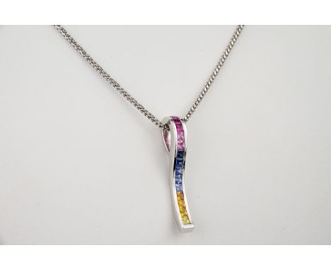 An 18ct white gold and multi-coloured sapphire pendant necklace, the scroll pendant channel set with square cut pink, blue an