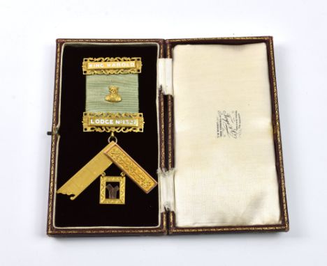 A 9ct gold Masonic set square jewel - King Harold Lodge No1327, each section hallmarked, Toye &amp; Co, London, light blue si