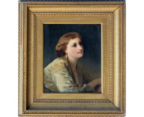 English School (late 19th century), Portrait of a young lady, quarter length, wearing a brocade jacket and pearl jewellery oi