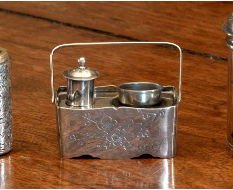 A novelty Japanese silver sewing etui, marked ' OKUBO ' sterling, formed as a swing handled picnic box / Bento, comprising th