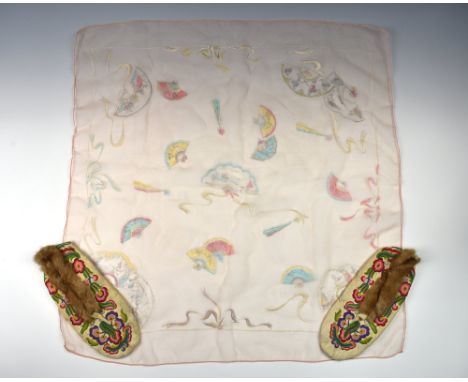 A pair of vintage Oriental suede slippers, with vivid stitched floral decoration and rabbit fur trim, together with a silk sc