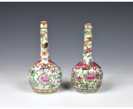 Two Chinese Canton porcelain vases, probably late 19th / early 20th century, of globular form with long cylindrical neck, the