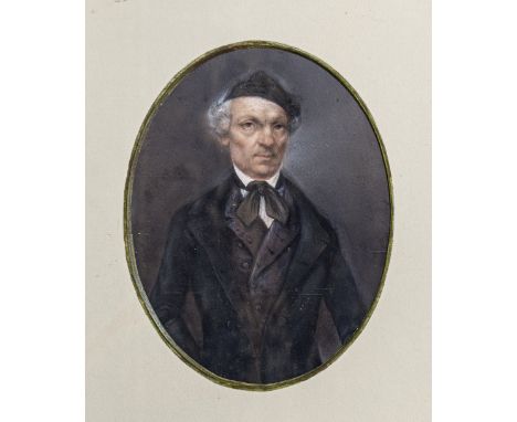 English School, mid 19th century, Portrait of a Man in a Black Cap  watercolour, oval, in modern gold frame with oval mount 8