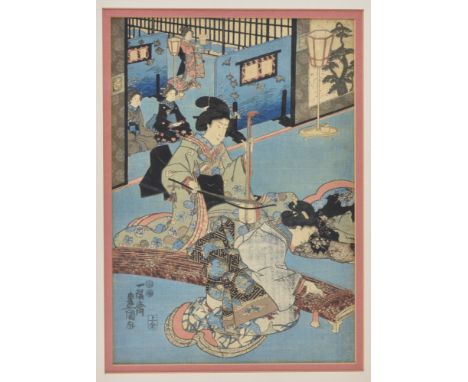 Utagawa Kuniyoshi (1797-1861), a pair of Japanese woodblock prints, depicting noble figures in interior settings, 13¾ x 9¾in.
