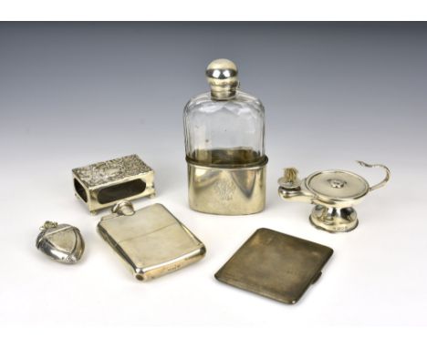 A collection of gentleman's silver accessories, comprising a pocket hip flask by A &amp; J Zimmermann Ltd, Birmingham, 1924; 