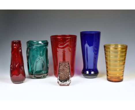 A collection of Whitefriars glass vases, to include a cinnamon coffin vase by Geoffrey Baxter, 5¼in (13.4cm.) high; ruby red 