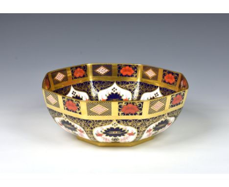 A Royal Crown Derby 1128 Imari octagonal bowl, decorated in iron red, cobalt blue and gold, the underside with crown and scri