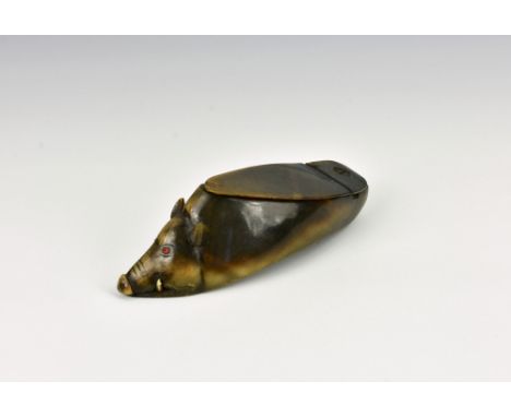 An early Victorian novelty Irish souvenir buffalo horn snuff box, fashioned as a wild boar, the realistic box with fine detai