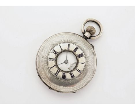 An Edwardian silver half hunter fob wind pocket watch, hallmarked Chester 1902, with 42mm. white Roman enamel dial with sub. 