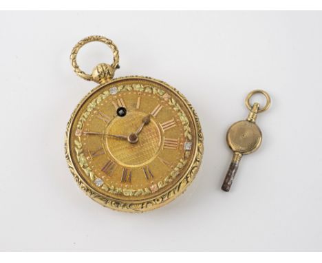 A Victorian 18ct gold open face pocket watch by M. Le Couteur, the 42mm. English case with engine turned back and chased foli