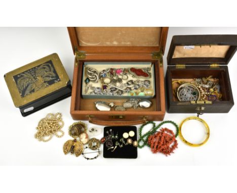 A collection of antique and vintage silver and costume jewellery, including a coral necklace; a Chinese silver filigree and c