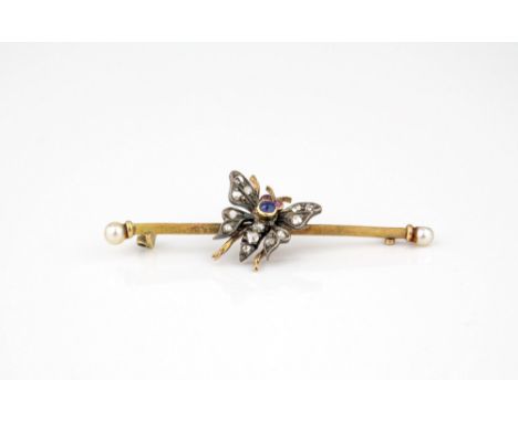 An antique 15ct gold, sapphire, ruby, seed pearl and diamond butterfly bar brooch, the blade bar centred by a gem set butterf