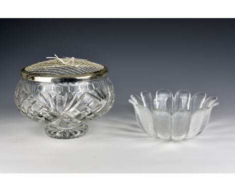 A large heavy Brierley 'Westminster' cut lead crystal rose bowl, of squat rounded form, raised on pedestal foot, metal pierce