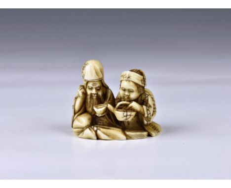 A late 19th century Japanese carved ivory netsuke, depicting two seated figures, a traveller being poured a cup of sake, char