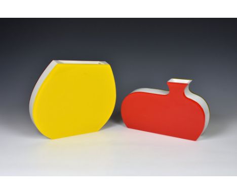 Two Villeroy & Boch acrylic vases, of organic form in red, yellow and white, original barcode labels to base, the largest 9¼i