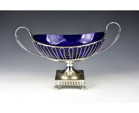 A WMF electro-plated Art Nouveau twin handled pedestal centrepiece bowl, early 20th century, having pierced wirework oval for