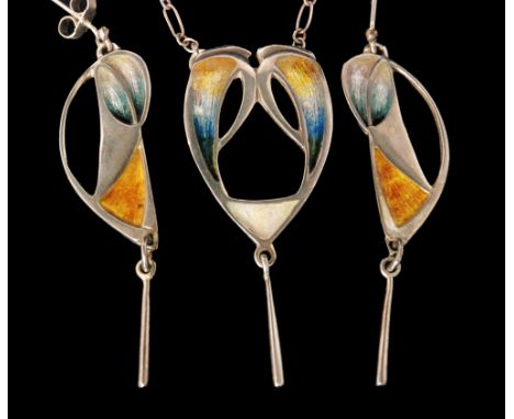 An Arts and Crafts style hallmarked silver and enamel pendant and earring set in the manner of Archibald Knox, of pierced des