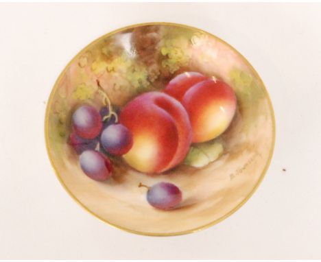 A small Royal Worcester Fallen Fruits pin dish decorated by Townsend with peaches and grapes, signed, puce mark with date cod