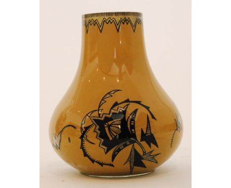 A 1930s Art Deco glass vase of swollen ovoid form with collar neck, internal enamel decorated with stylised sprigs in black a