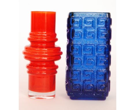 A post war Riihimaki Talaari glass vase by Tamara Aladin, of square sleeve form with moulded Greek key motives to the cobalt 