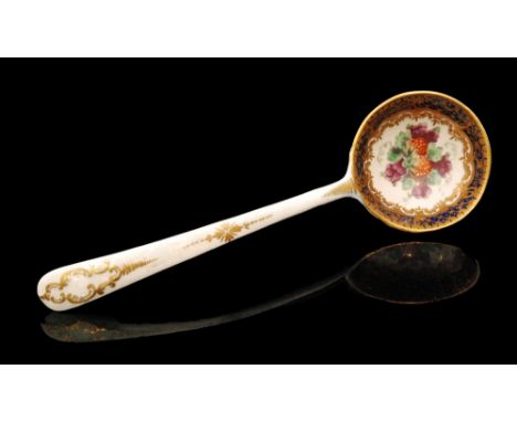 A late 18th Century Worcester Earl of Dalhouise pattern sauce ladle, the rounded bowl with hand painted strawberries and berr