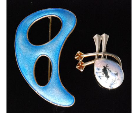 Amended estimate - Two Norwegian Sterling silver gilt and guilloche enamel brooches to include an amorphous pierced powder bl