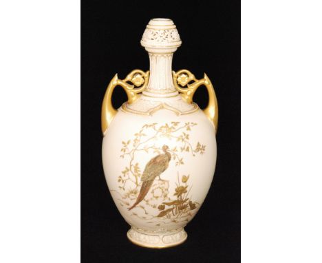 A large late 19th Century Royal Worcester blush ivory twin handled shape 1200 vase decorated with an enamel and gilt stylised